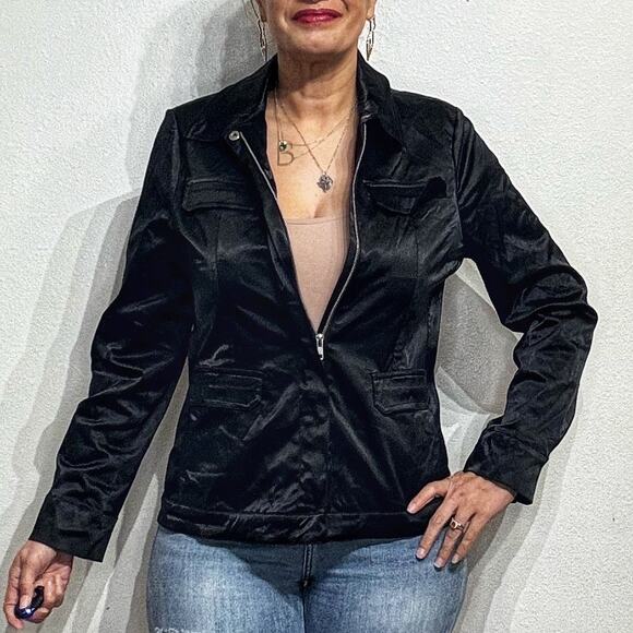 Susan Graver Style Black Satin Ruched Back Jacket Sz M - Picture 1 of 13